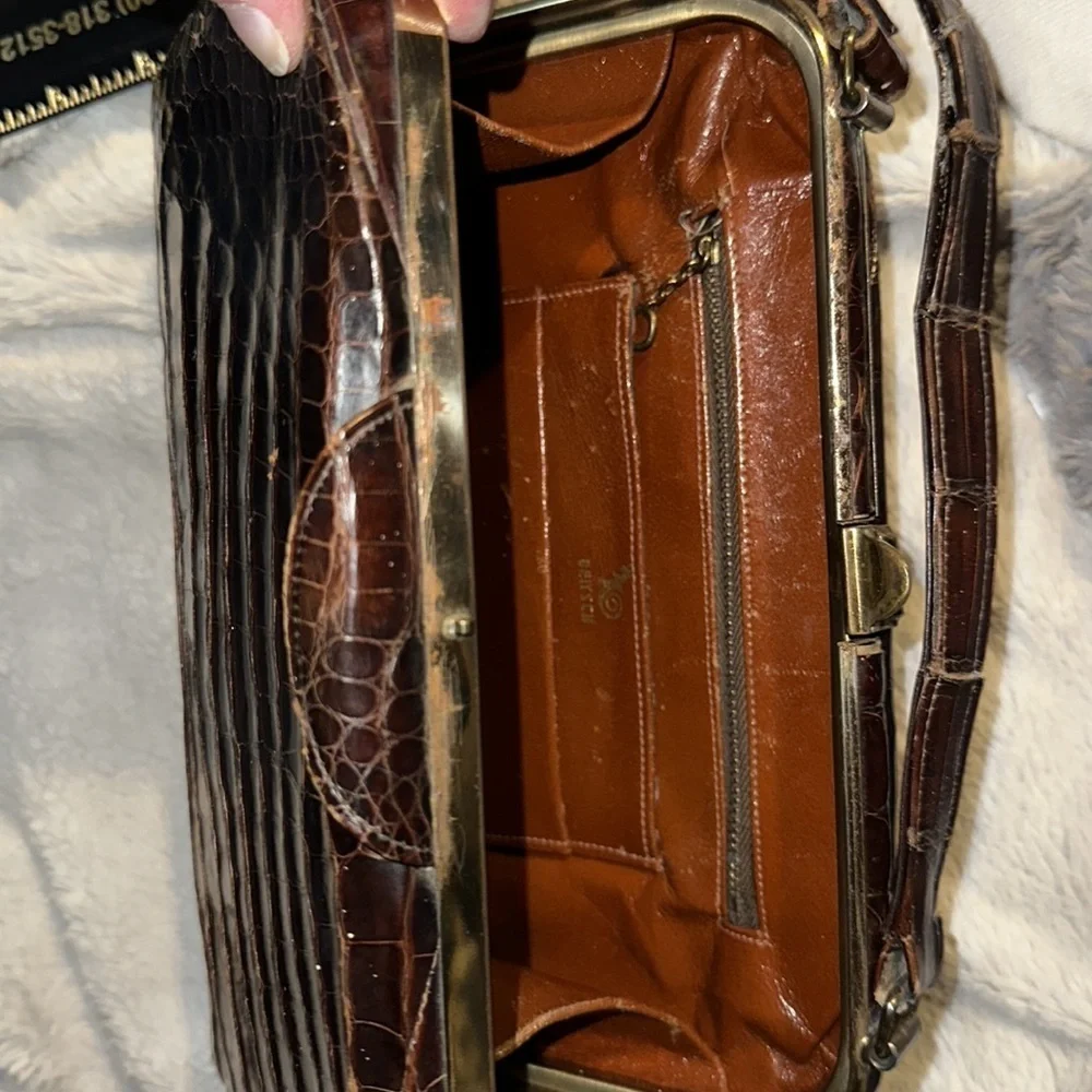 Very Authentic Crocodile Satchel Purse with Antique Gold Color Clasp & Hardware